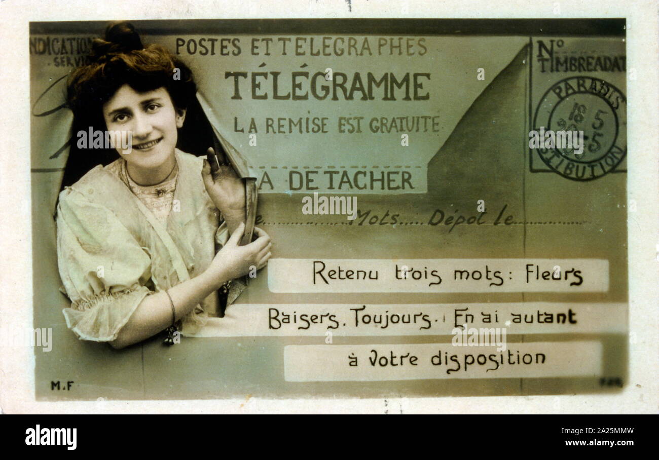 Telegramma romantico su una cartolina (Francese) 1905 Foto Stock