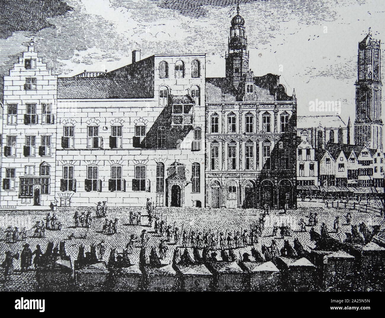 Incisione raffigurante Utrecht Town Hall durante i negoziati di pace di 1712. Foto Stock