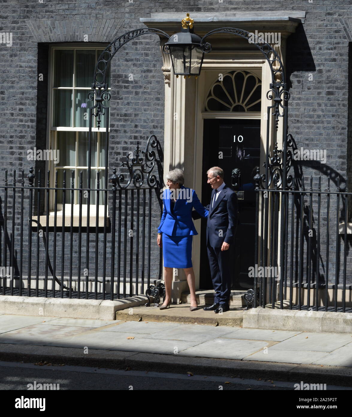 Theresa Maggio lascia 10 Downing Street dopo il suo discorso di dimissioni, Londra, prima di vedere la regina Elisabetta a formalizzare la sua partenza. L'ultimo giorno di premiership di Theresa Maggio, primo ministro del Regno Unito, 13 luglio 2016 - 24 luglio 2019. maggio era il leader del partito conservatore da luglio 2016 - 23 luglio 2019. mostrato con il marito phillip maggio. Foto Stock