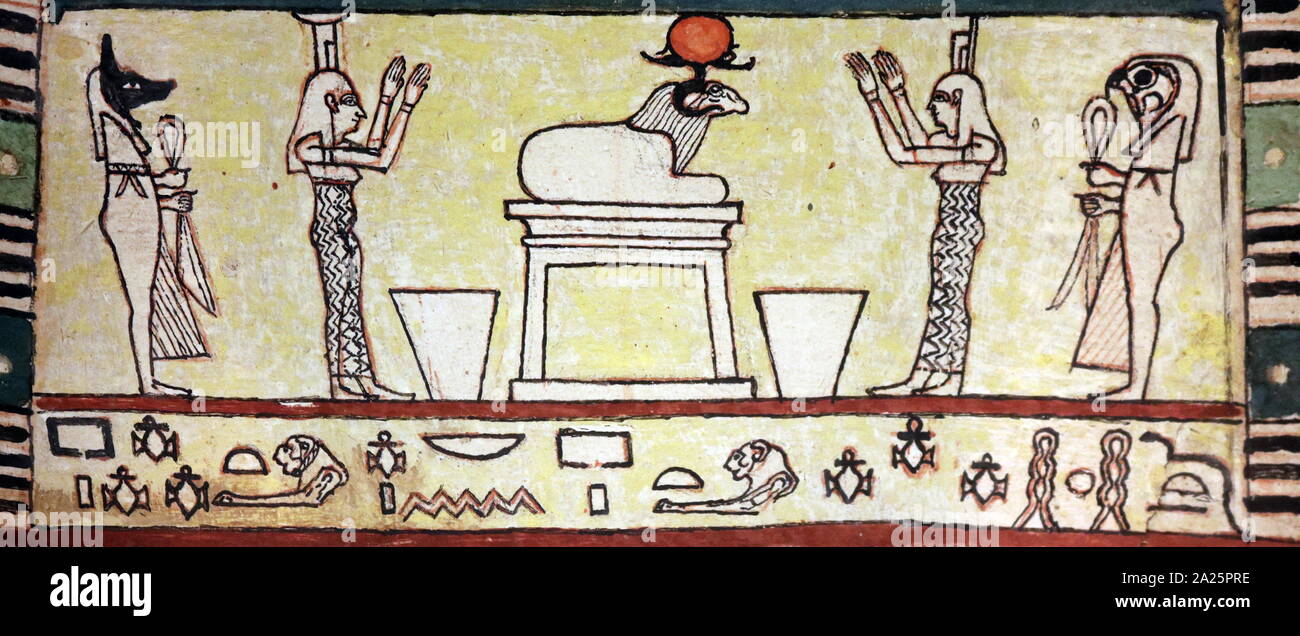 Khnum il Ram-intitolata Dio, è stato uno dei primi nota divinità egiziane, originariamente il dio della sorgente del Nilo. Poiché l'inondazione annuale del Nilo ha portato con sé il limo e argilla, e la sua acqua ha portato la vita ai suoi dintorni, egli è stato pensato per essere il creatore dei corpi dei figli umani Foto Stock