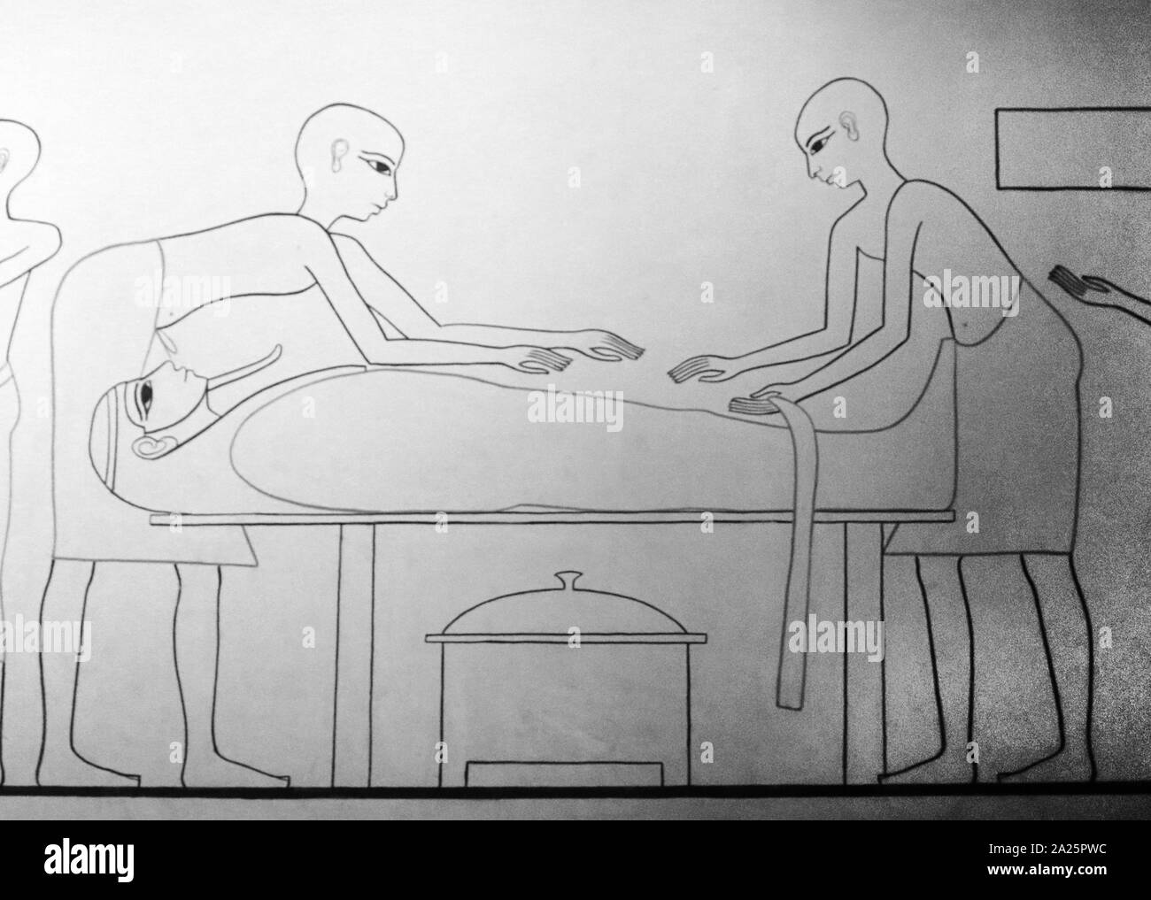 Illustrazione moderno che mostra la spalmatura di bendaggi con resina durante la mummificazione. Antico Egitto Foto Stock