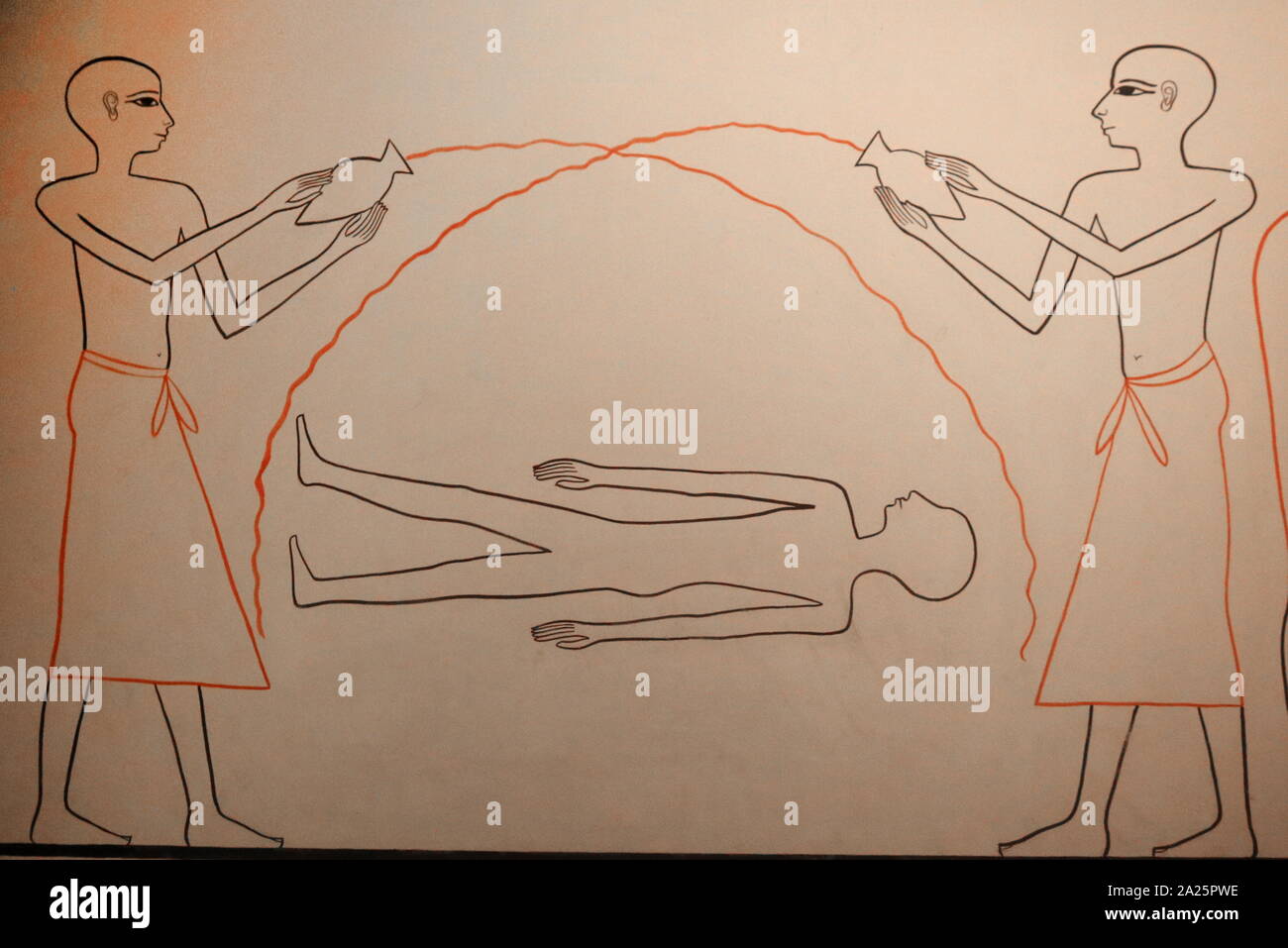 Illustrazione moderno che mostra l'uso di acqua sacra per purificare i morti durante la mummificazione. Antico Egitto Foto Stock
