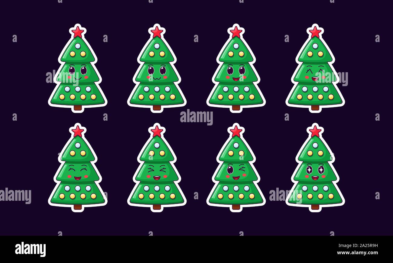 Cartoon Kawaii albero di Natale, vacanze di adesivi. Nuovo anno e Xmas collezione di Carino albero verde con la stella rossa e sfere. Carattere festoso con ex Illustrazione Vettoriale