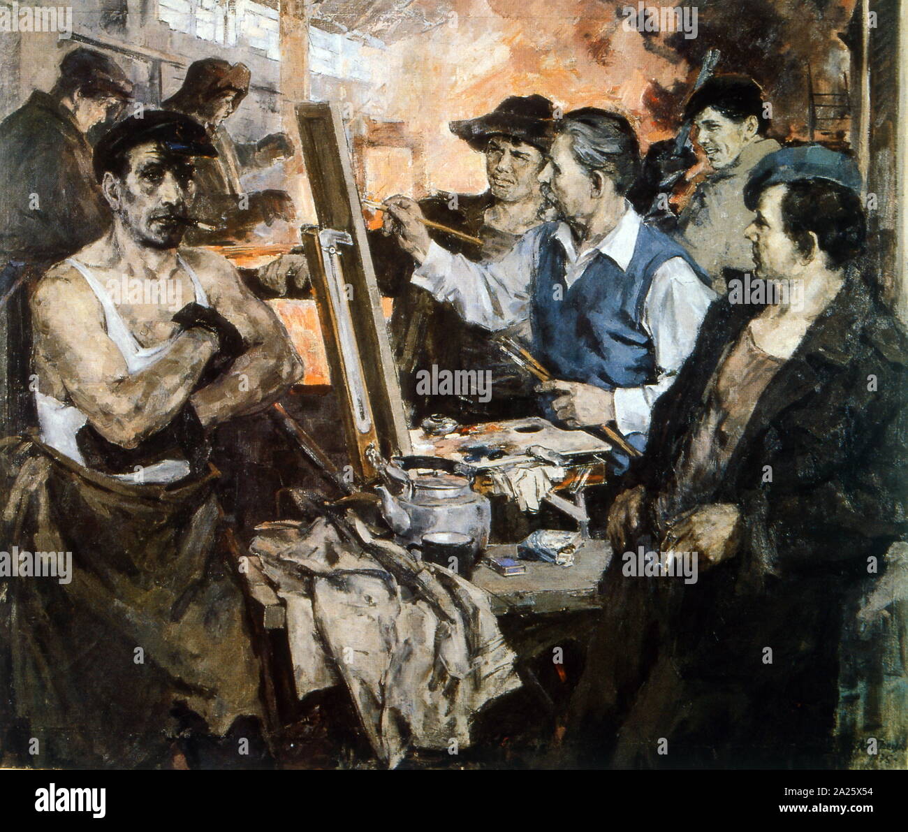Lavoro" 1975 dipinto di Nikolai I Andretsov (1909-1992) , artista russo. Raffigura un gruppo di industriali sovietici lavoratori essendo dipinta dall'artista Foto Stock