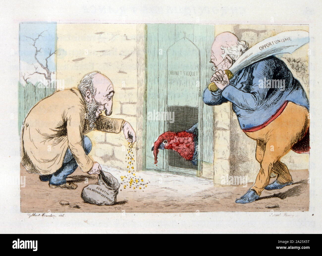Cartoon politico satirising i pericoli per il governo della Francia e la rivalità di Floquet e traghetto. 1889. Charles Thomas Floquet (1828 - 1896), statista francese e Jules Ferry (1832 - 1893), uomo politico francese Foto Stock