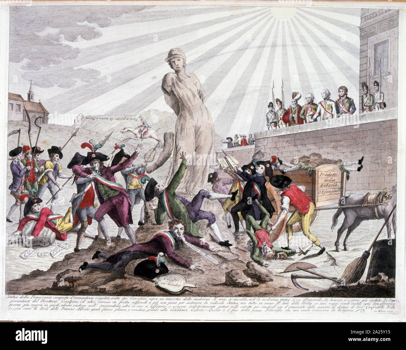 Litografia italiana illustrazione raffigurante la statua della democrazia e della Rivoluzione Francese 1795 Foto Stock