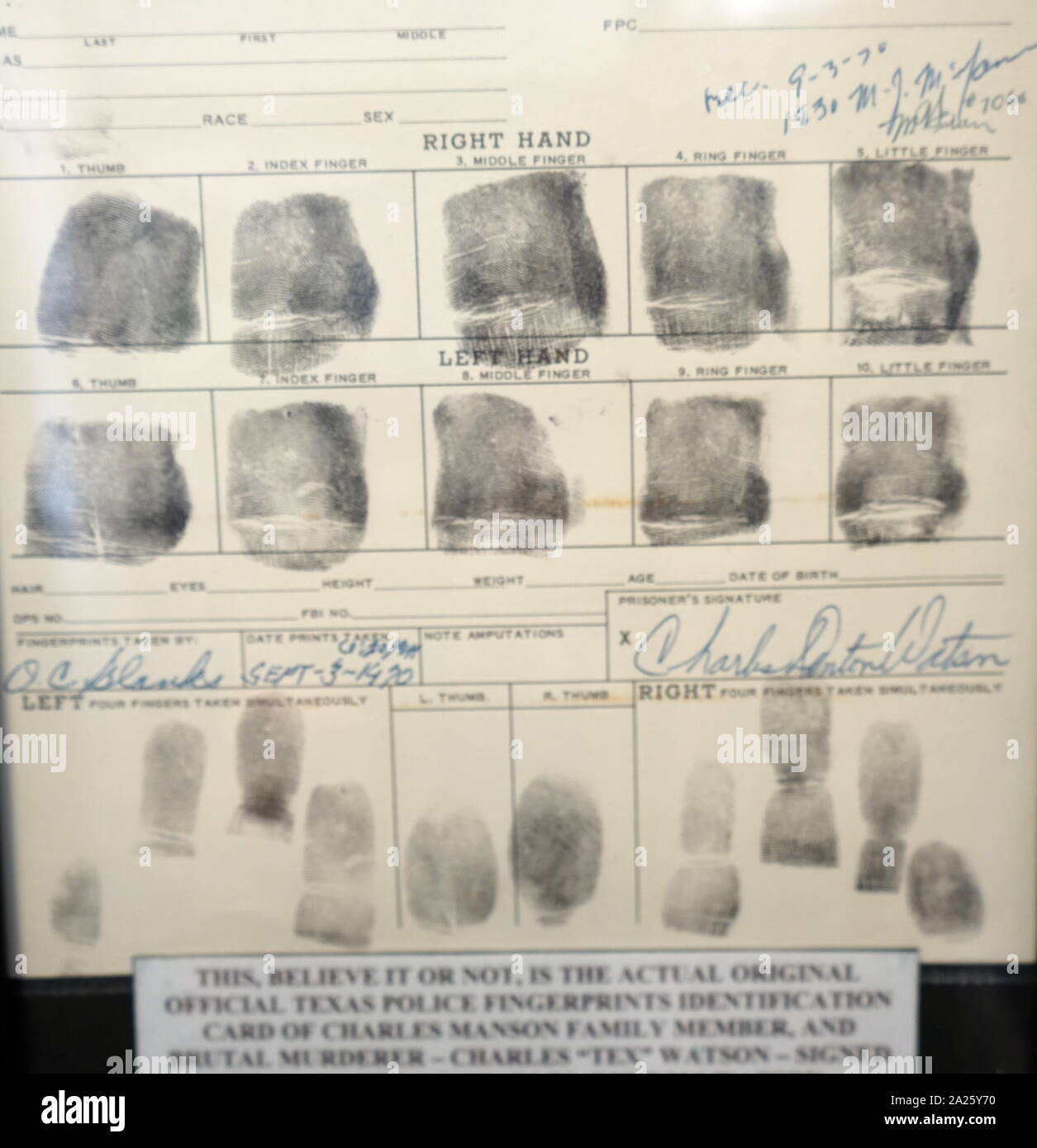 Fingerprint Identification card di Tex Watson. Charles Denton Watson Jr. (1945-) un americano assassino che è stato un elemento centrale del 'Manson Famiglia' guidata da Charles Manson. Charles Milles Manson (1934-2017) un criminale americano, leader di setta e musicista. Foto Stock