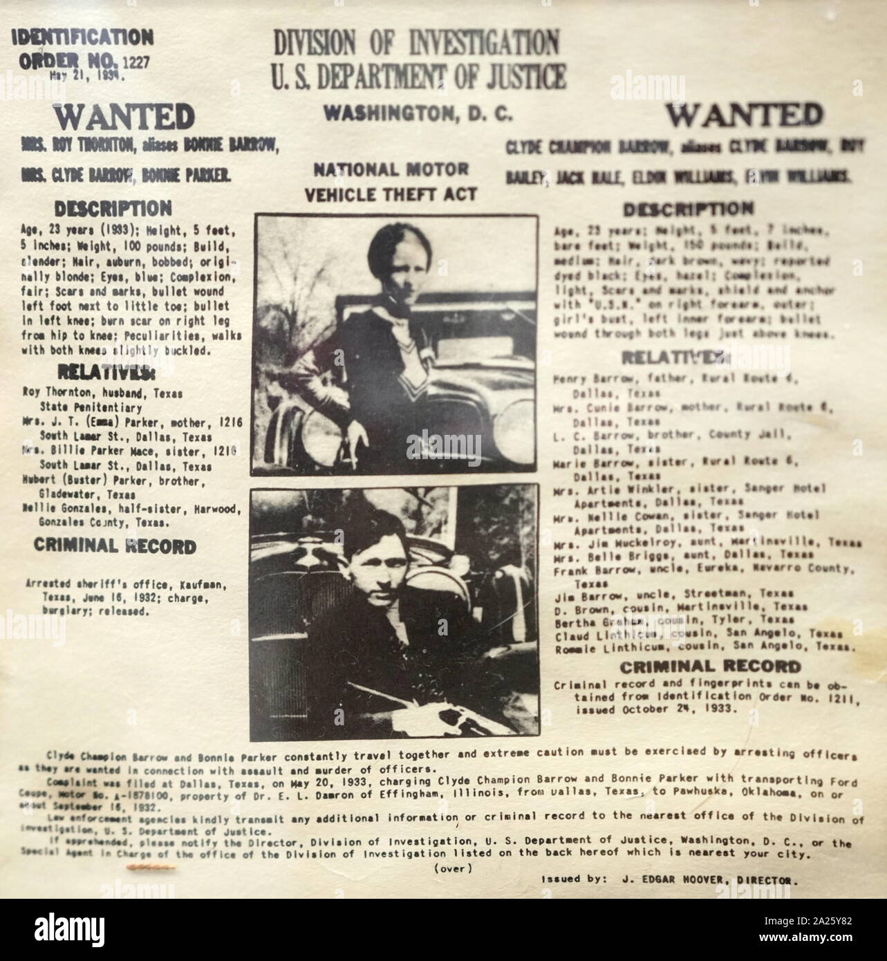 Manifesto Wanted per Bonnie e Clyde. Bonnie Elizabeth Parker (1910-1934) e Clyde Chestnut Barrow (1909-1934) criminali americani che hanno viaggiato intorno al centro di Stati Uniti con la loro pista durante la Grande Depressione. Foto Stock