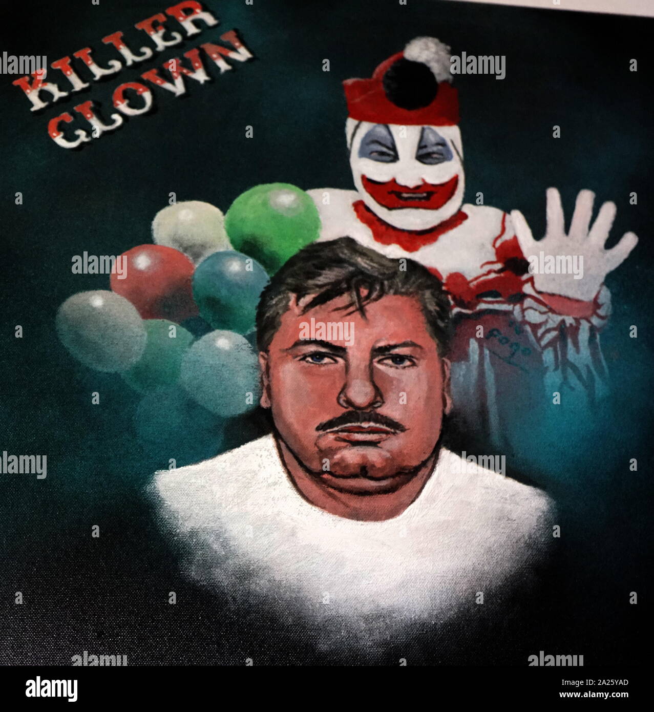 Dipinto di John Wayne Gacy. John Wayne Gacy Jr (1942-1994) un American serial killer e stupratore durante gli anni settanta. La pittura di Paul Bridgman Foto Stock