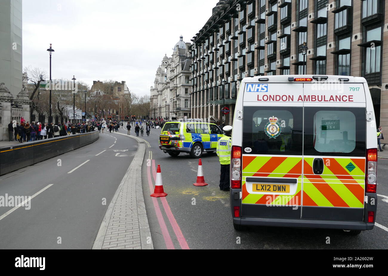 Ambulanza e veicoli della polizia il blocco di un percorso di entrata per il "voto popolare' marzo in piazza del Parlamento, Londra. Il voto popolare marzo ha avuto luogo a Londra il 23 marzo 2019 come parte di una serie di dimostrazioni di protesta contro Brexit, chiamata per un nuovo referendum e chiedere al governo britannico di revocare l'articolo 50. Essa ha portato al capitale di centinaia di migliaia di manifestanti, o di più di un milione di persone secondo gli organizzatori. Foto Stock