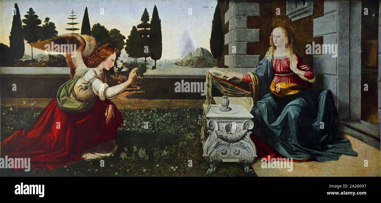 Annunciazione dipinta da i protagonisti del Rinascimento italiano Leonardo da Vinci e Andrea del Annunciazione dipinta da i protagonisti del Rinascimento italiano Leonardo da Vinci e Andrea del