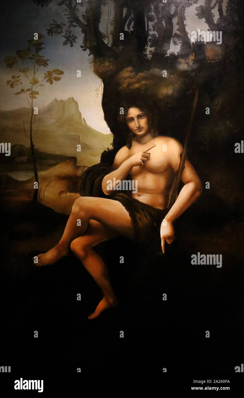 Bacchus, precedentemente noto come San Giovanni Battista, 1515; Olio su legno, pittura italiana per l'artista del Rinascimento Leonardo da Vinci (1452-1519), artista italiano e polymath. Foto Stock