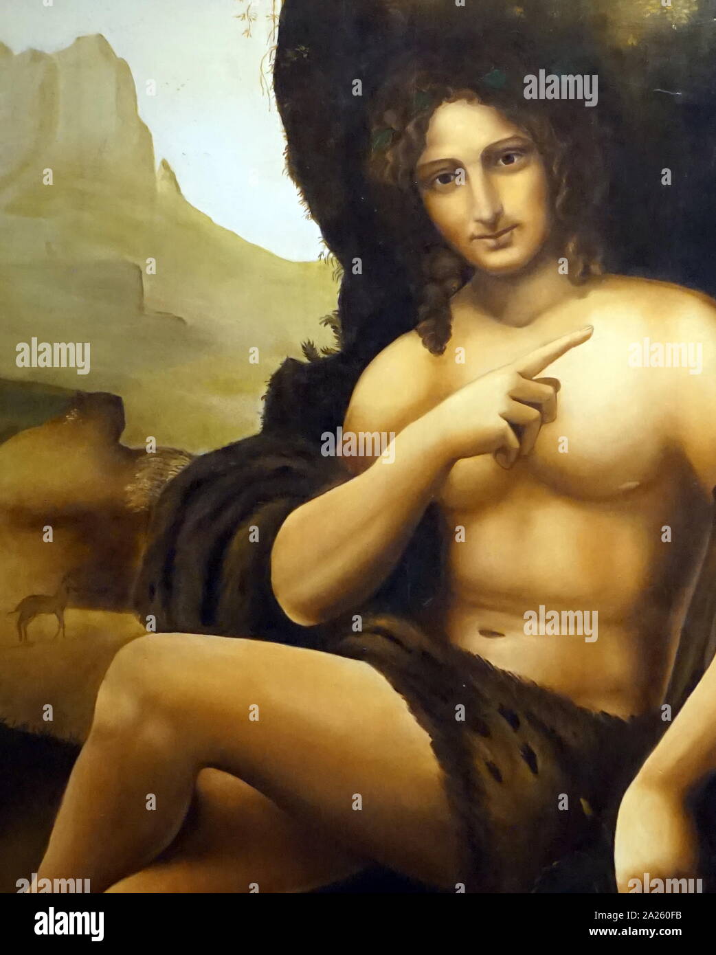 Bacchus, precedentemente noto come San Giovanni Battista, 1515; Olio su legno, pittura italiana per l'artista del Rinascimento Leonardo da Vinci (1452-1519), artista italiano e polymath. Foto Stock