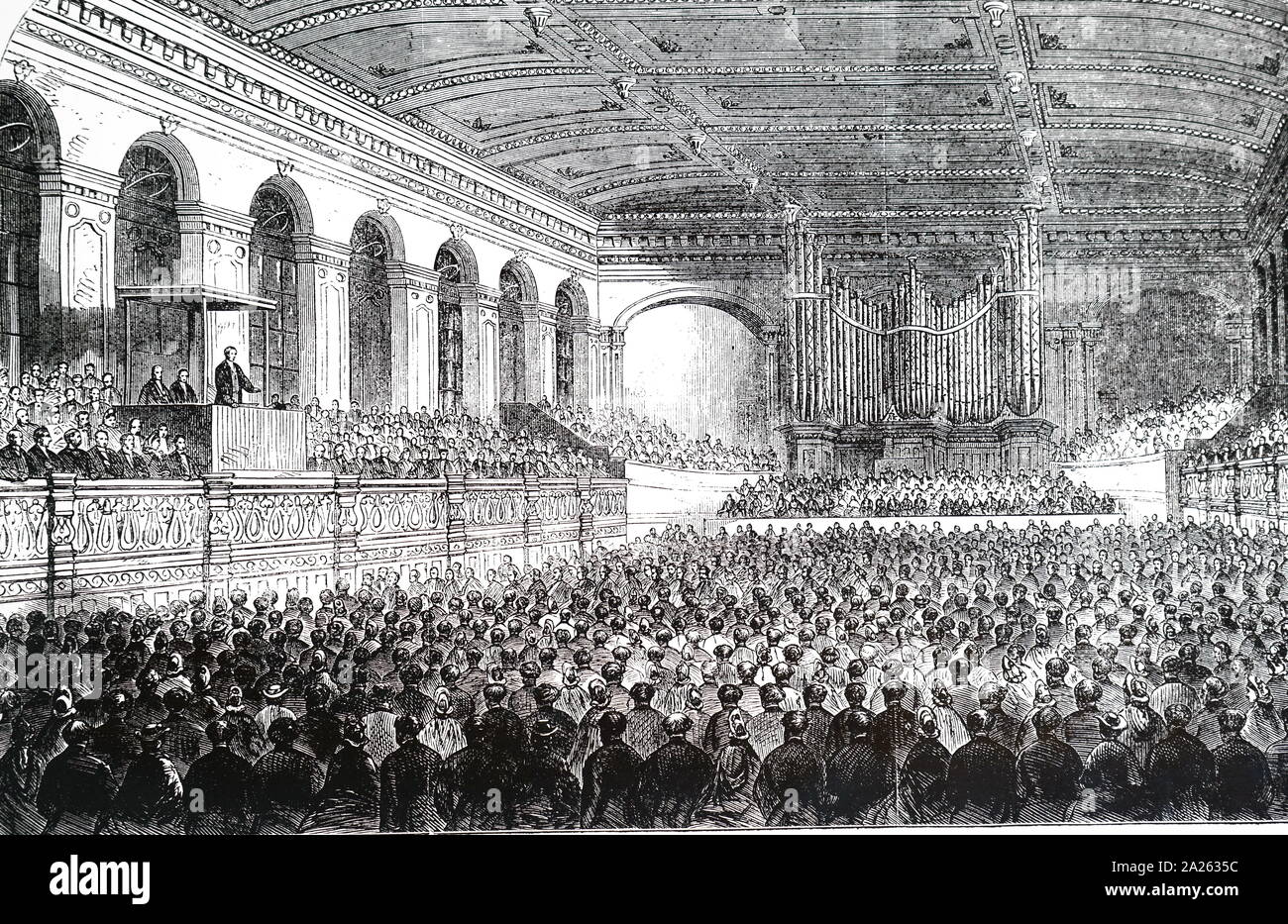 Una incisione raffigurante il presidente della British Association, William Armstrong, primo Baron Armstrong (1810-1900), dando l'apertura del 1863 incontro a Newcastle. Datata del XIX secolo Foto Stock