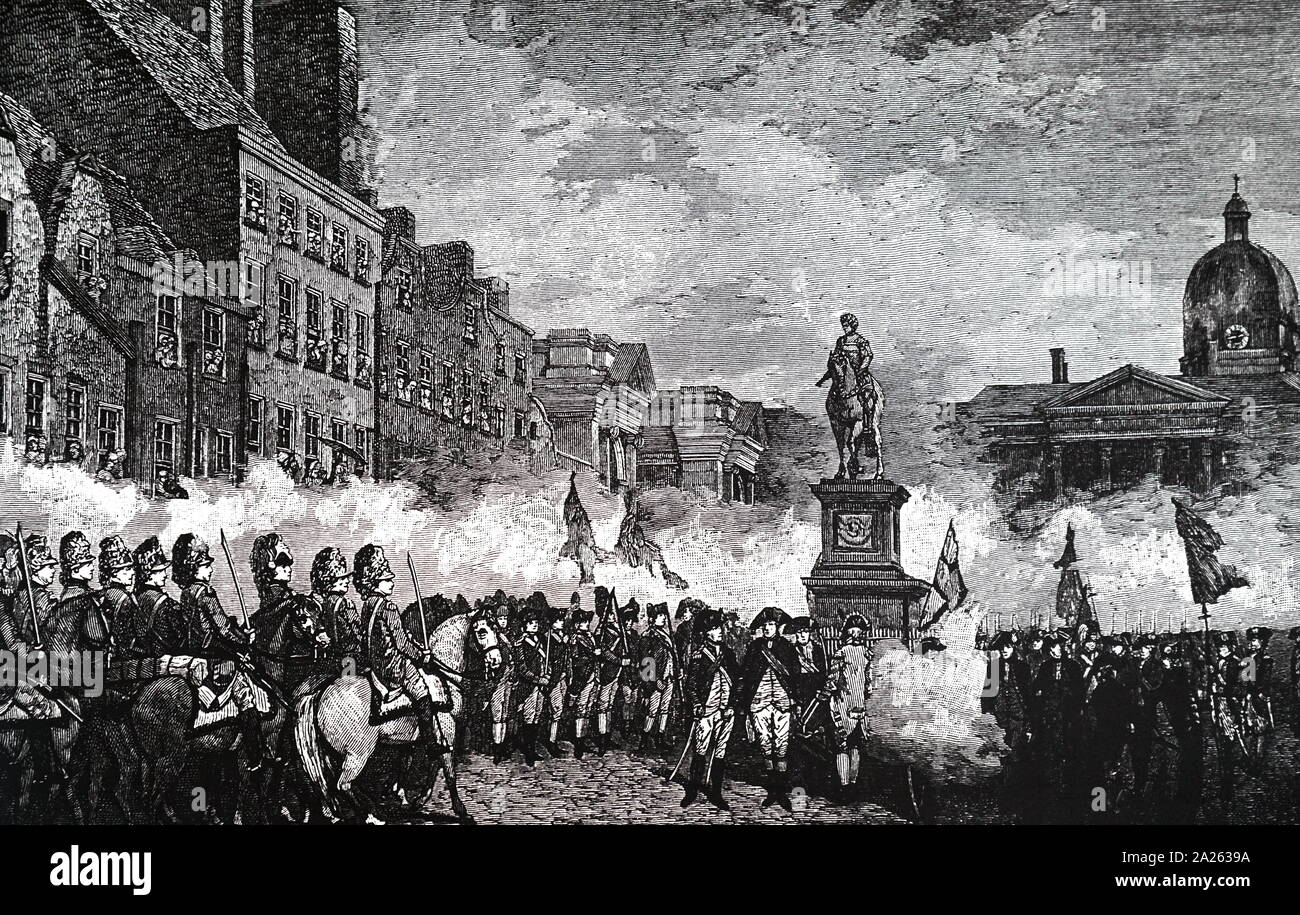 Una xilografia incisione raffigurante i volontari di Dublino salutando la statua di re Guglielmo III su College Green, Novembre 4th, 1798. Datata xviii secolo Foto Stock