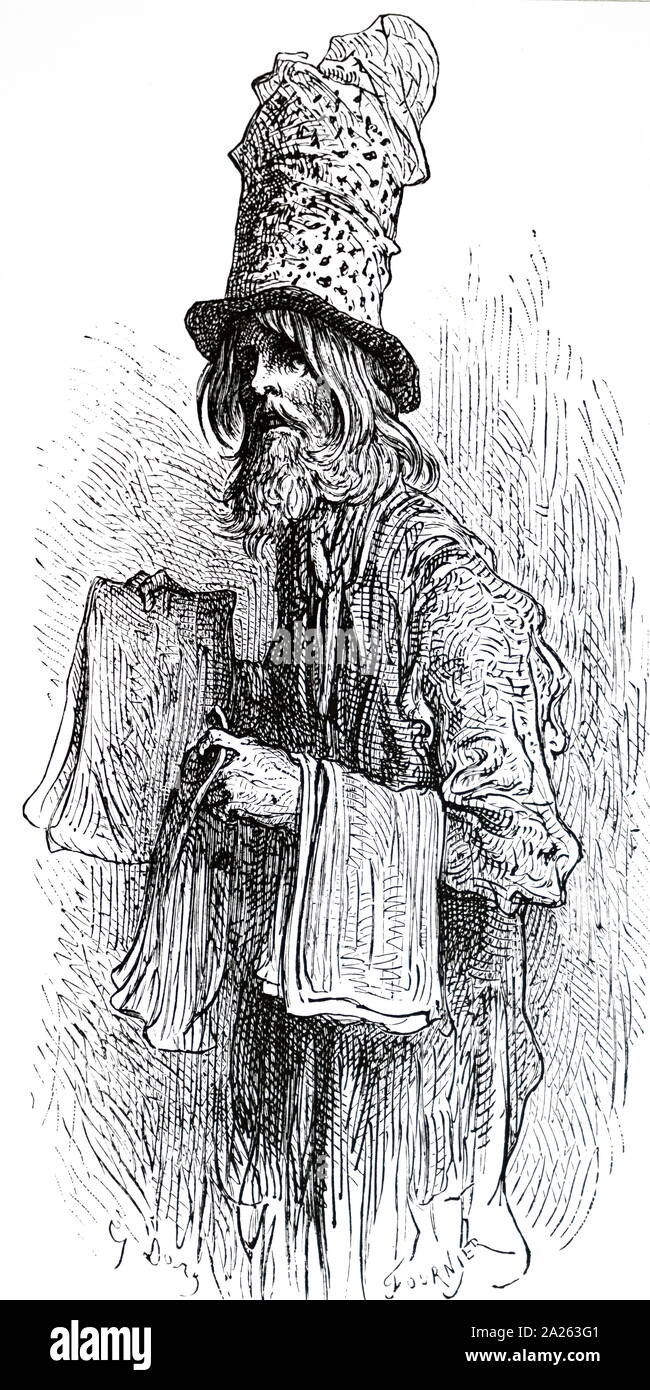 Una incisione raffigurante un flypaper merchant con una macabra self-pubblicità sul suo cappello. Datata del XIX secolo Foto Stock
