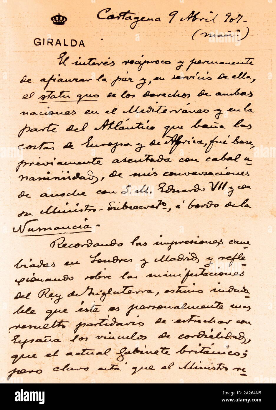 Note prese da Don Antonio Maura, a bordo del Royal Yacht Qiralda, nella baia di Cartam dopo i colloqui tenuti dal Re Alfonso XIII con re Edoardo VII, risultante in un patto di Cartagena (aprile 1907) Foto Stock