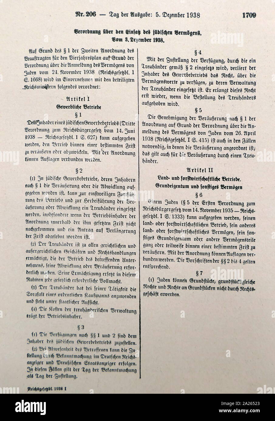 Decreto PER QUANTO RIGUARDA L'utilizzo di proprietà degli ebrei in Germania nazista. Dicembre 3, 1938 Foto Stock