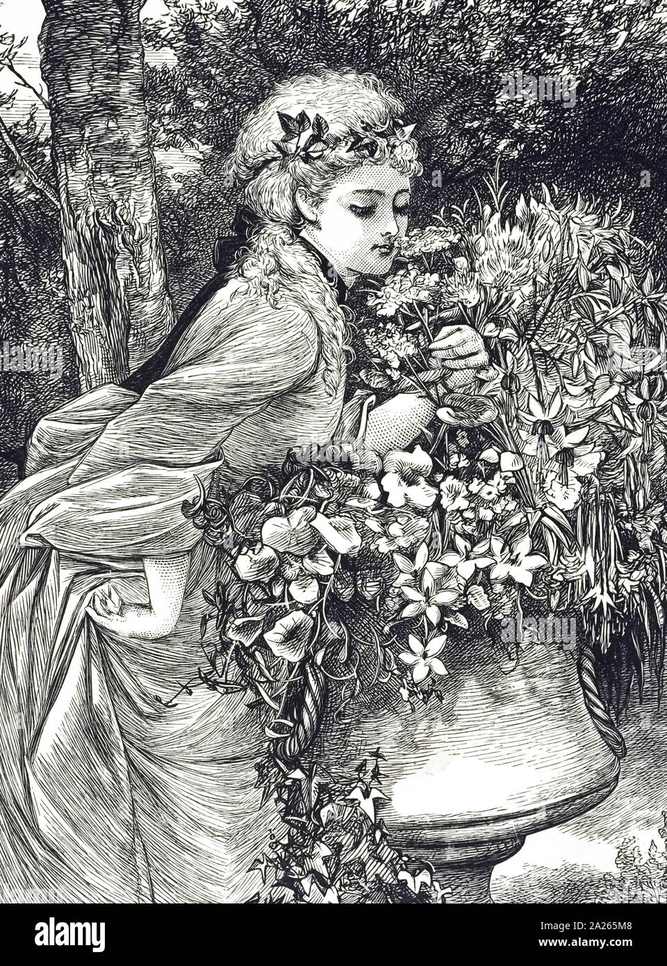 Una incisione raffigurante una giovane ragazza profumati fiori alloggiato in una vasca da giardino. Illustrato da Mary Ellen Edwards (1838-1934) un artista inglese e illustratore di libri per bambini. Datata del XIX secolo Foto Stock