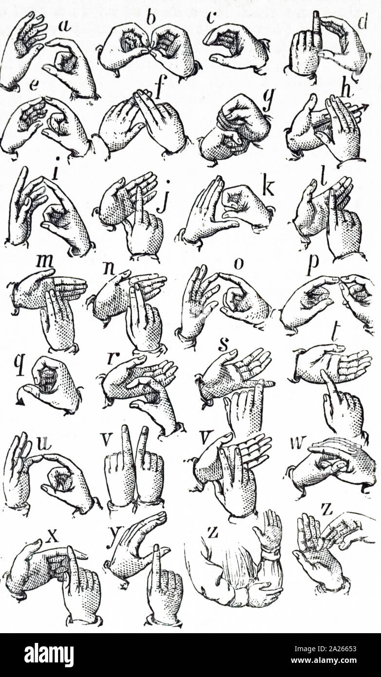 Una incisione raffigurante il segno-lingua alfabeto. Datata del XIX secolo Foto Stock