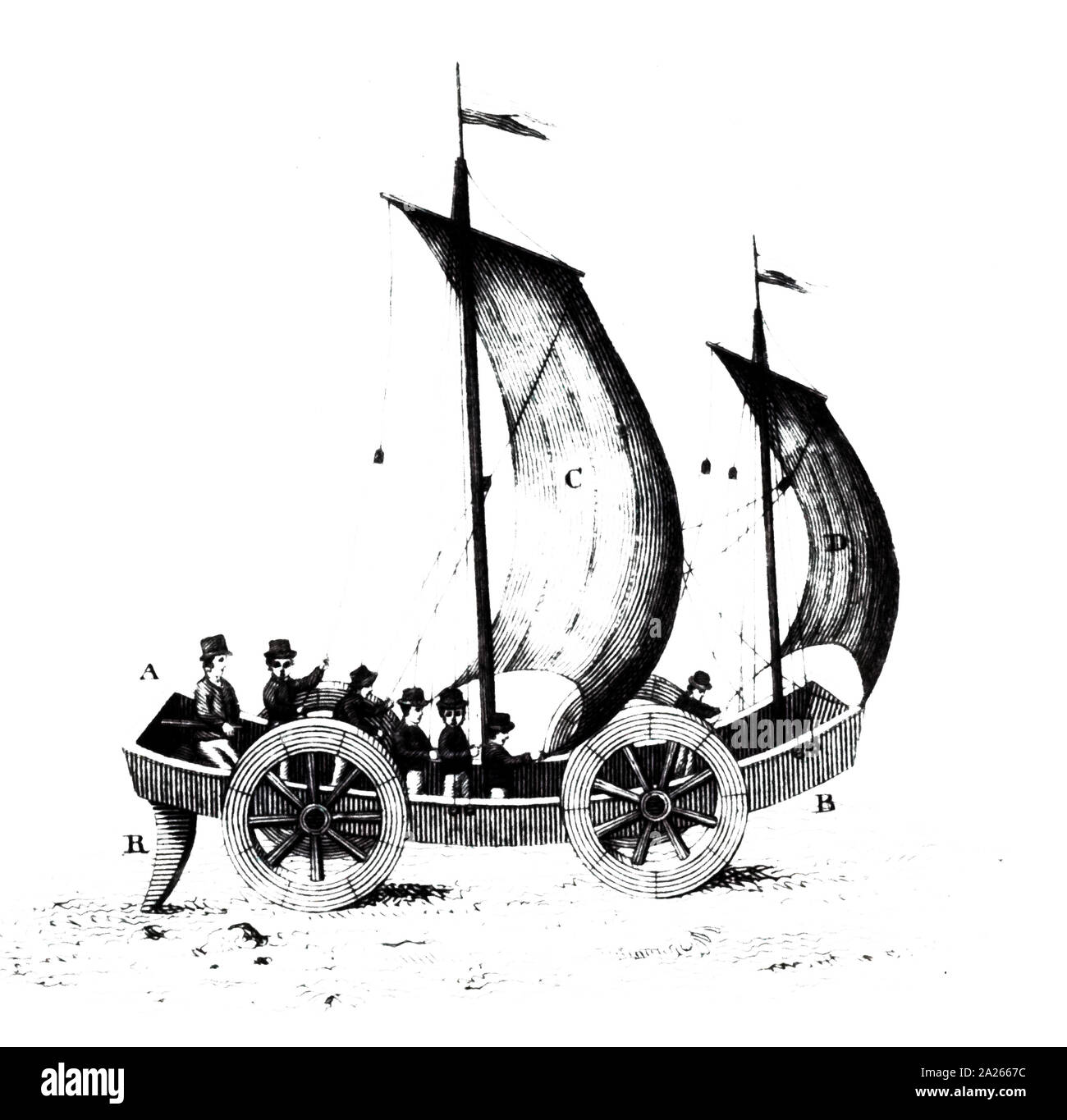 Una incisione raffigurante un carro del vento - R è il timone. Il passo doveva essere più ampio per una a cavallo il carro del la stessa dimensione per evitare il ribaltamento del veicolo. Datata del XIX secolo Foto Stock