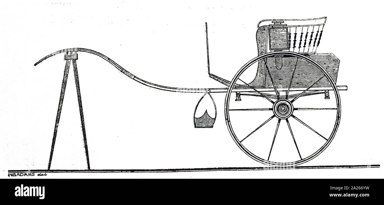Una incisione raffigurante un concerto - una luce a due ruote carrello trainato da un cavallo. Datata del XIX secolo Foto Stock