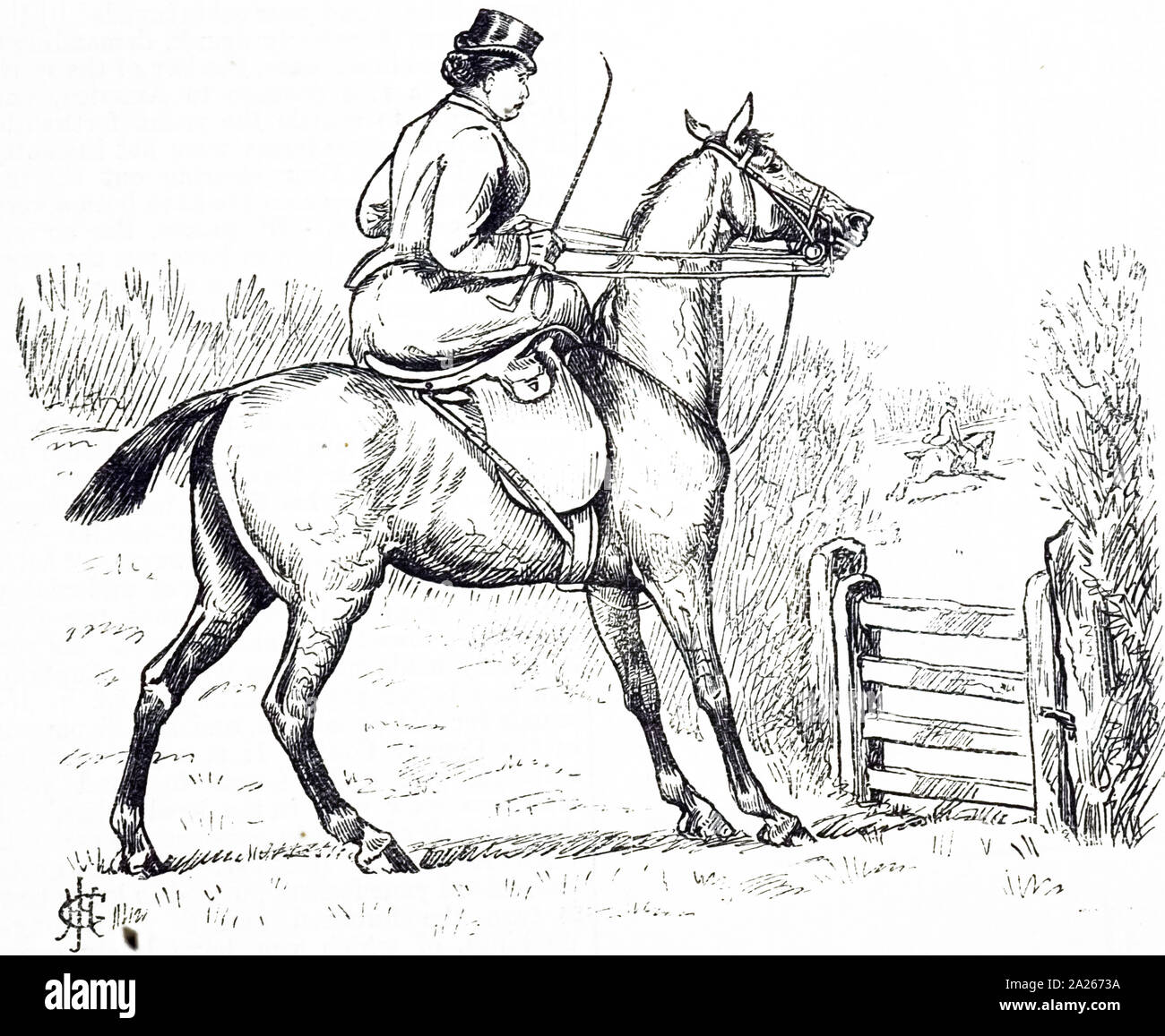 Un cartoon raffigurante una giovane donna lato di equitazione-sella sul suo cavallo. Datata del XIX secolo Foto Stock Un cartoon raffigurante una giovane donna lato di equitazione-sella sul suo cavallo. Datata del XIX secolo Foto Stock