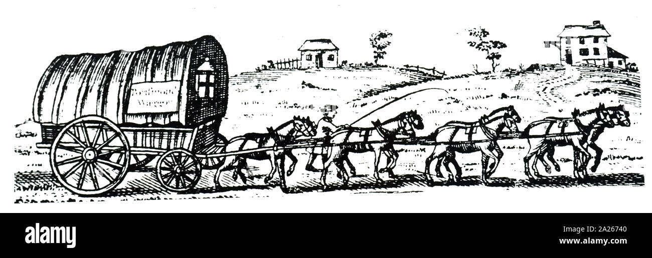 Una incisione raffigurante un oggetto gestore del carro con ruote larghe, redatti da 8 cavalli. Datata del XIX secolo Foto Stock