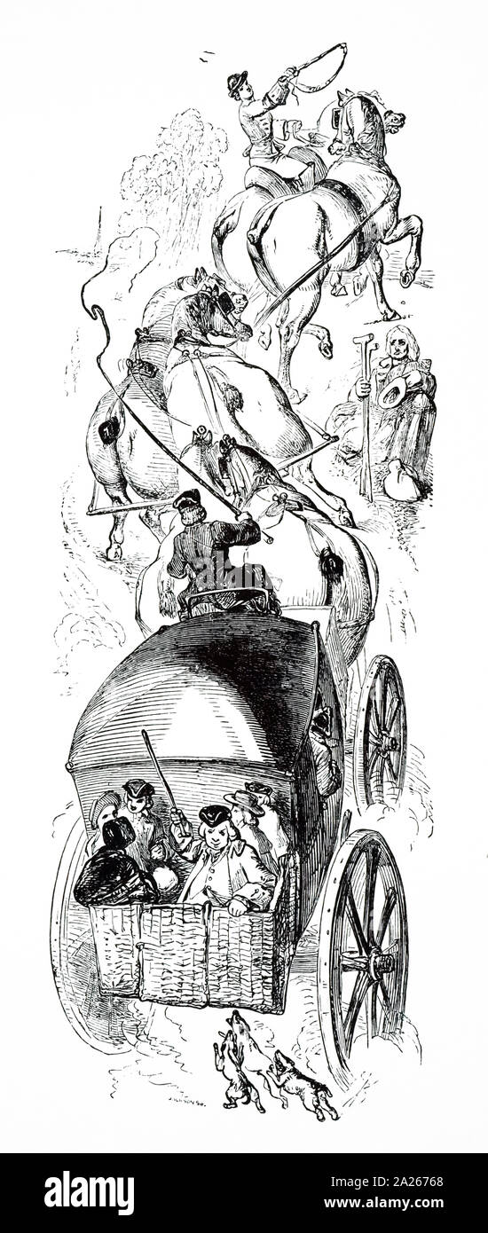 Una incisione raffigurante il Alton Farnham e macchina che ha viaggiato 47 miglia in un giorno. Invece di passeggeri sul tetto, vi era un cestino nella parte posteriore a metà prezzo i passeggeri. Datata del XIX secolo Foto Stock