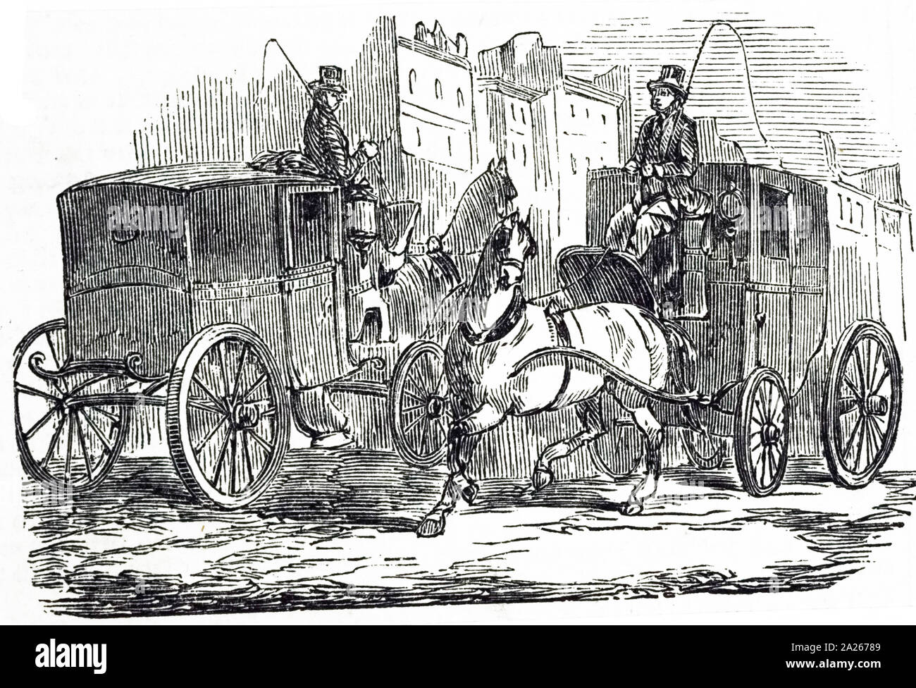 Una incisione raffigurante un Citadine, un tipo di carrello parigino disponibile per il noleggio. Datata del XIX secolo Foto Stock