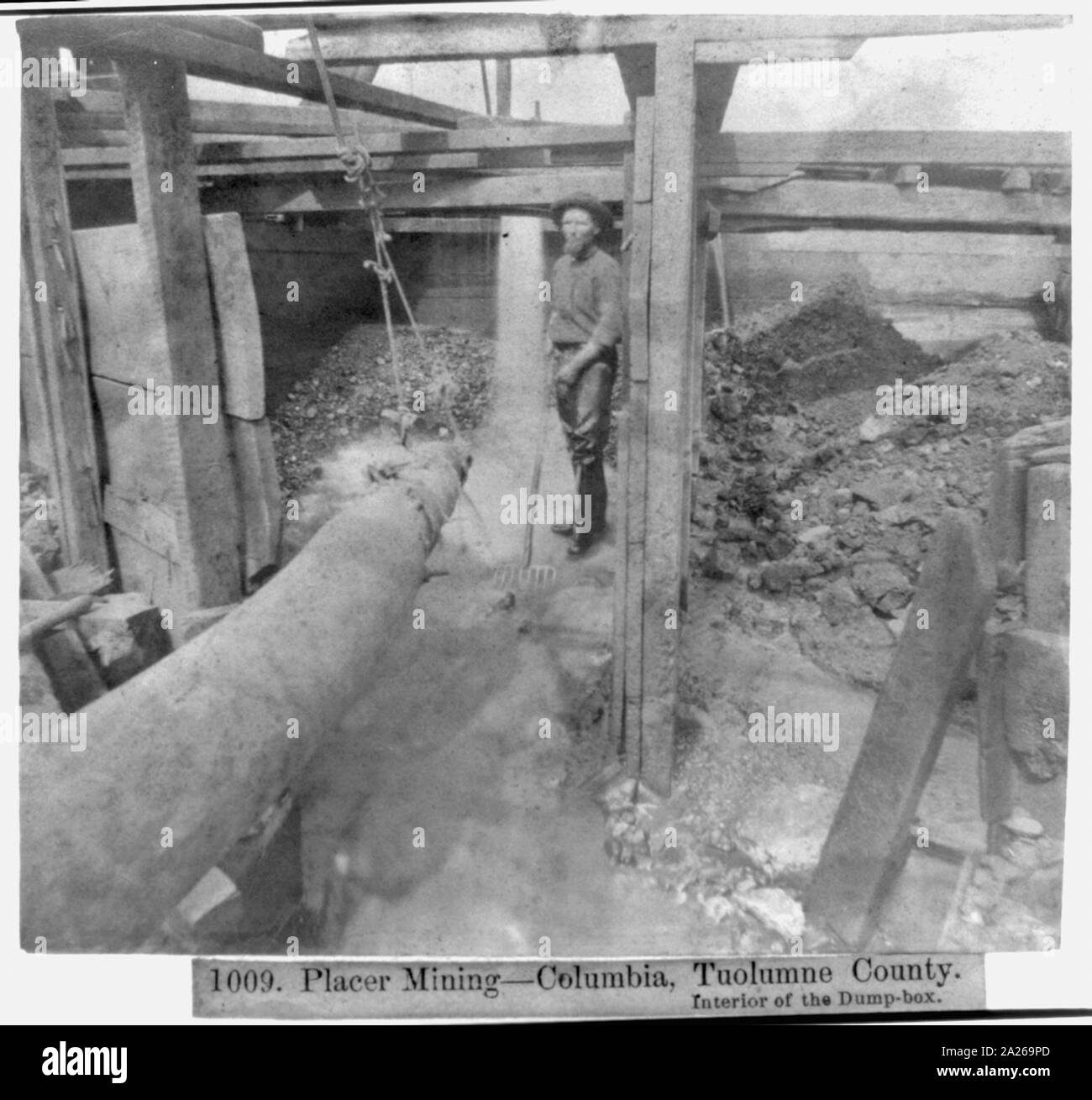 Placer Mining--Columbia, Tuolumne County - Interno del dump-box Foto Stock