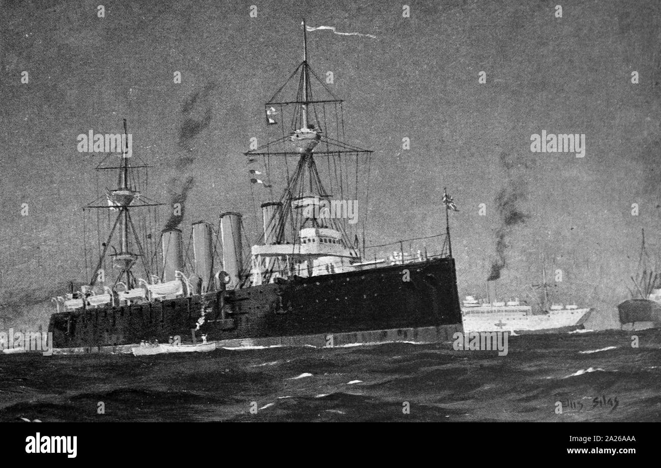 Illustrazione che mostra la Royal Navy ship "potenti" in Cape town Harbour durante la Guerra Boera 1899 Foto Stock