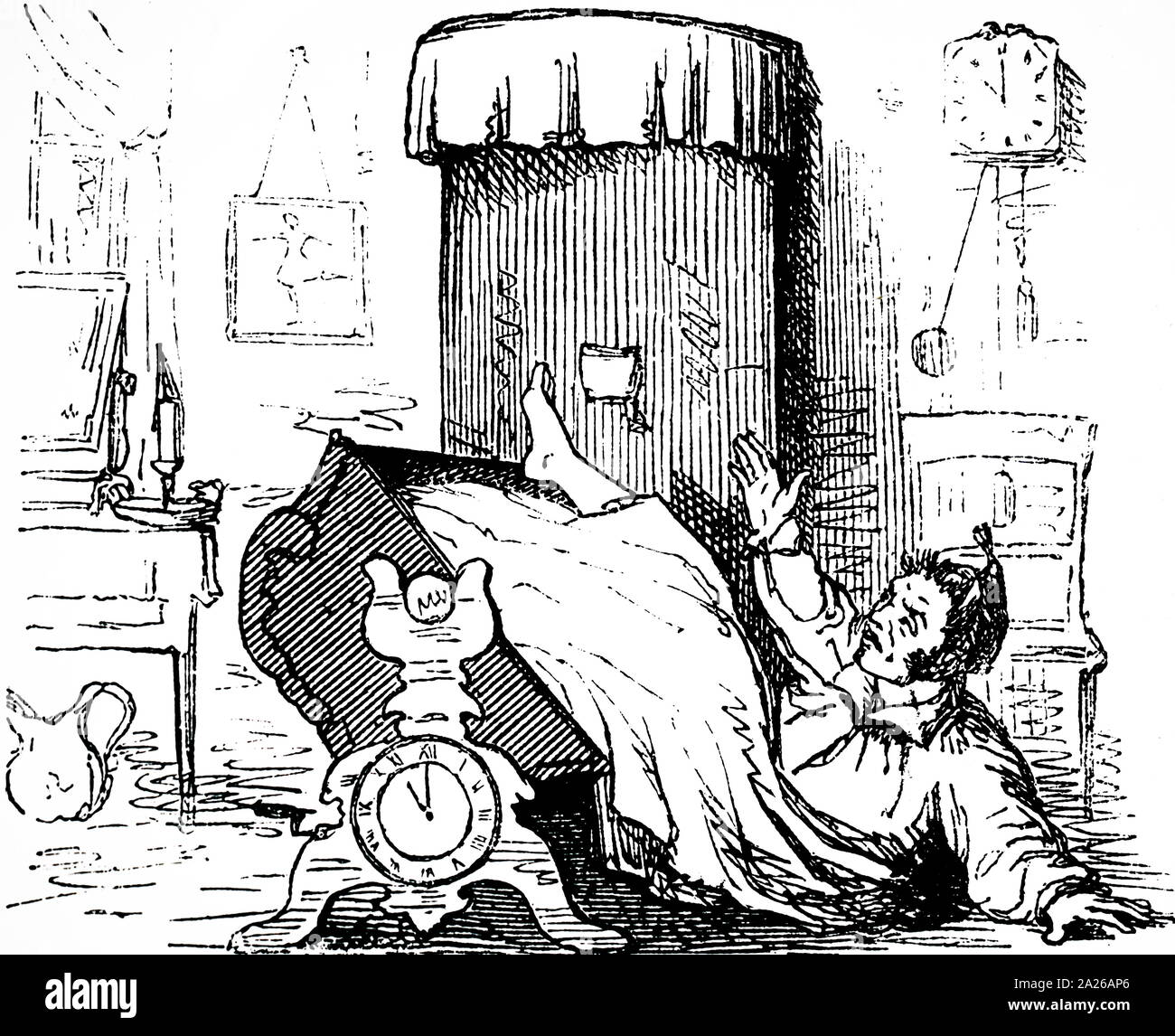 Lewis Carroll (1832-98) "Alice nel paese delle meraviglie, Londra, 1865. Illustrazione di John Tenniel che mostra il coniglio bianco guardando il suo orologio e esclamando Oh caro; Oh caro, sarò troppo tardi prima che sparò verso il basso un grande coniglio-foro. Foto Stock