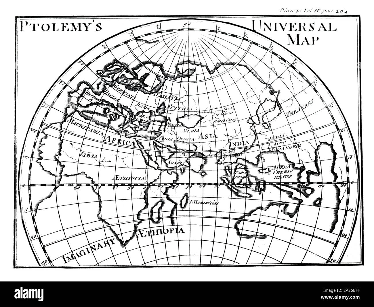 Una mappa del mondo conosciuto da Tolomeo come mostrato su una proiezione di Mercatore. Datata xviii secolo Foto Stock