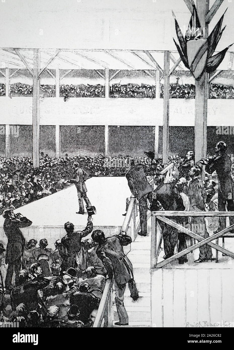 Una incisione raffigurante la grande dimostrazione unionista a Belfast, 1892. La protestante, compreso l'ordine di colore arancione sono state contro Irish Home regola. Foto Stock