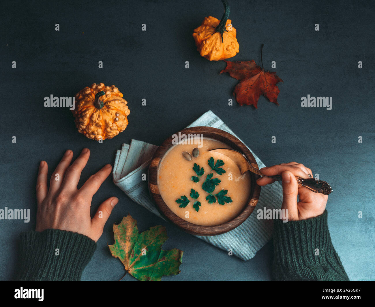 Mani femminili e caduta di riscaldamento Crema di zucca zuppa con crostini e semi autunno vegetariano vegano comfort sane abitudini alimentari concetto, vista dall'alto Foto Stock
