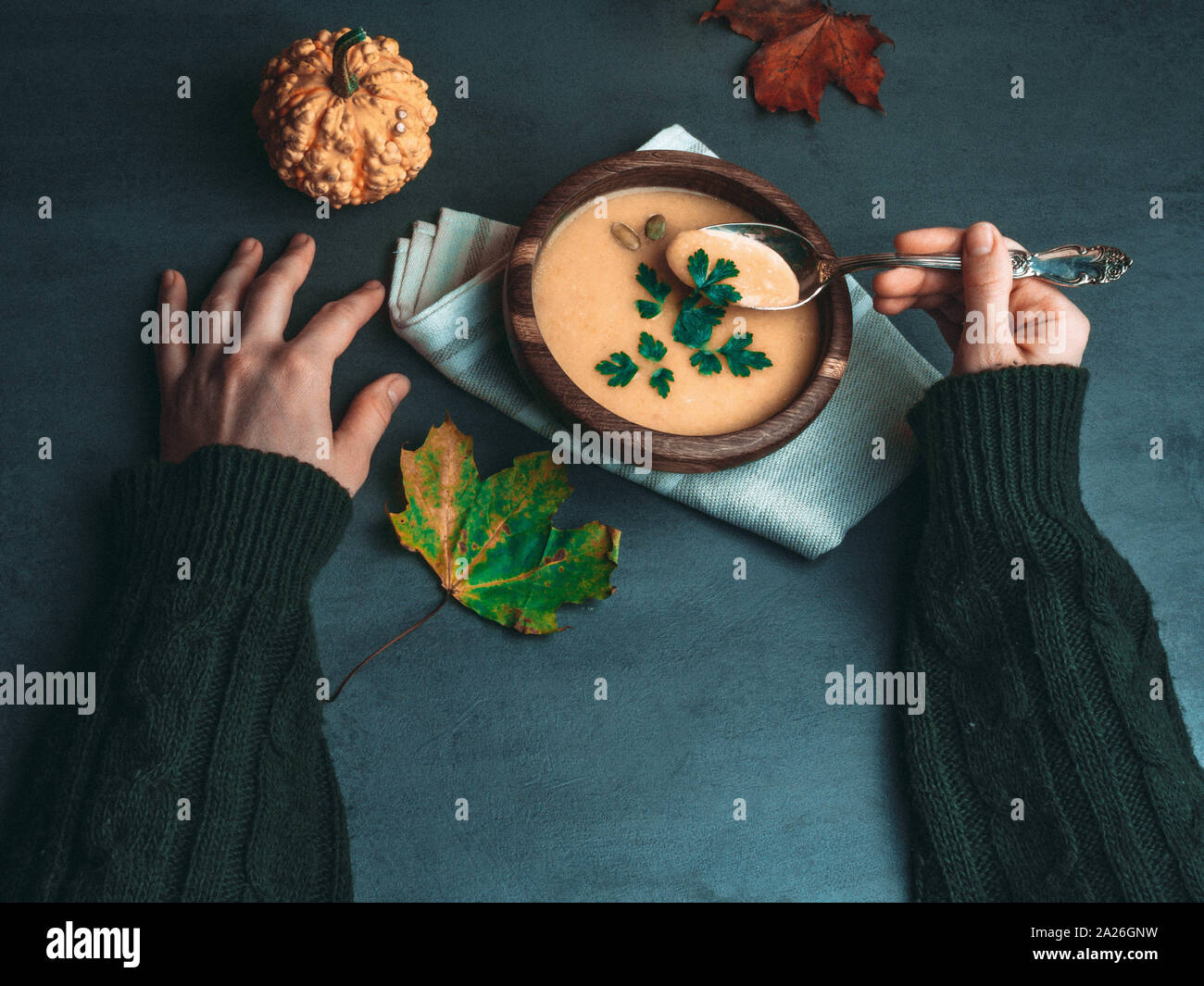 Mani femminili e caduta di riscaldamento Crema di zucca zuppa con crostini e semi autunno vegetariano vegano comfort sane abitudini alimentari concetto, vista dall'alto Foto Stock