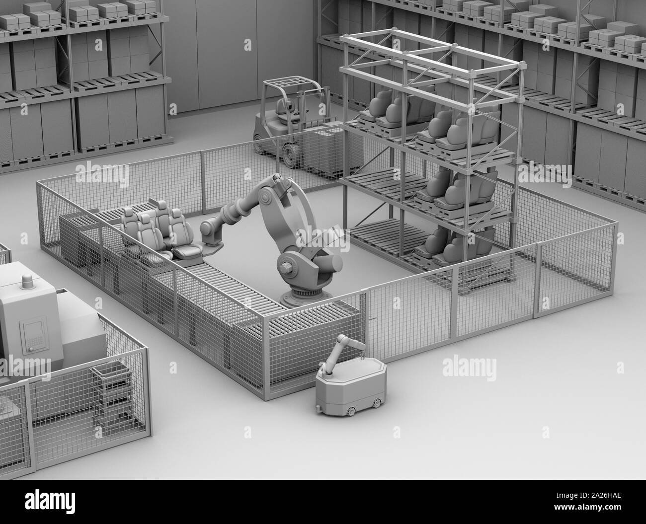 Il rendering di argilla di robot mobile passando il payload pesanti cella robot in fabbrica. Il rendering 3D'immagine. Foto Stock