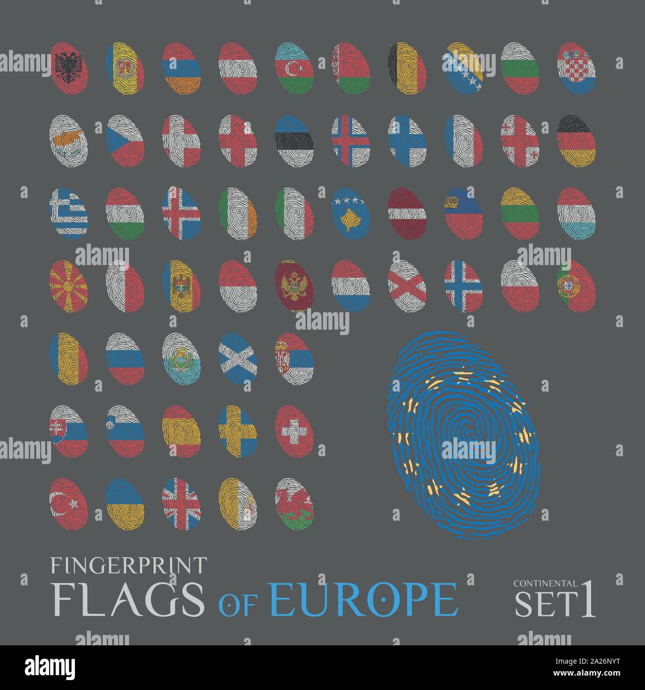 Set di 56 impronte digitali colorata con le bandiere nazionali dei paesi d'Europa. Imposta icona illustrazione vettoriale. Illustrazione Vettoriale