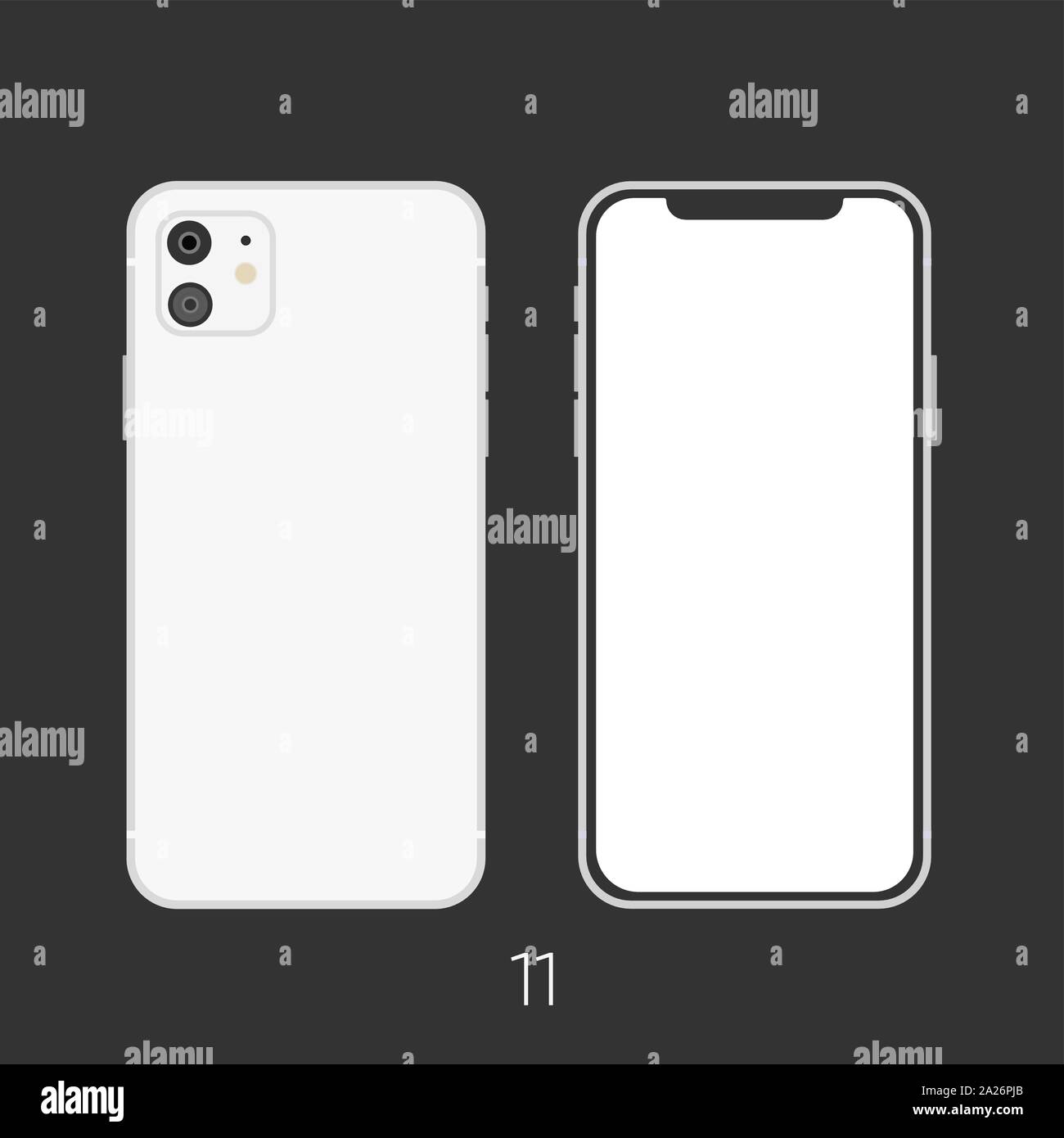 Nuovo smartphone 2019 modello 11 isolato bianco su nero. Illustrazione Vettoriale