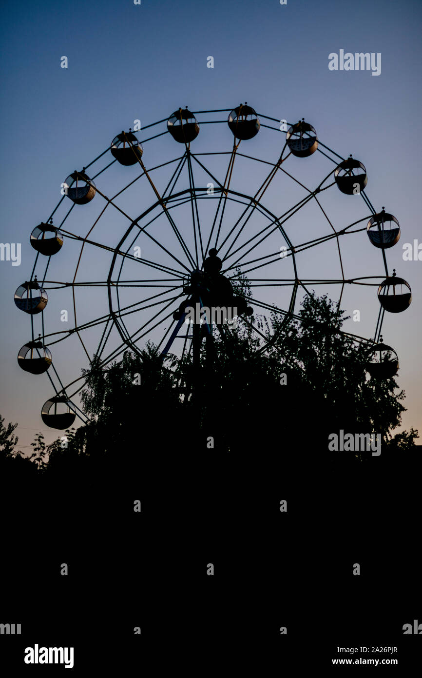 Silhouette di una ruota panoramica Ferris a sunrise (tramonto del sole su uno sfondo di alberi ed erba. Bellissimo sfondo con copia spazio. Foto Stock