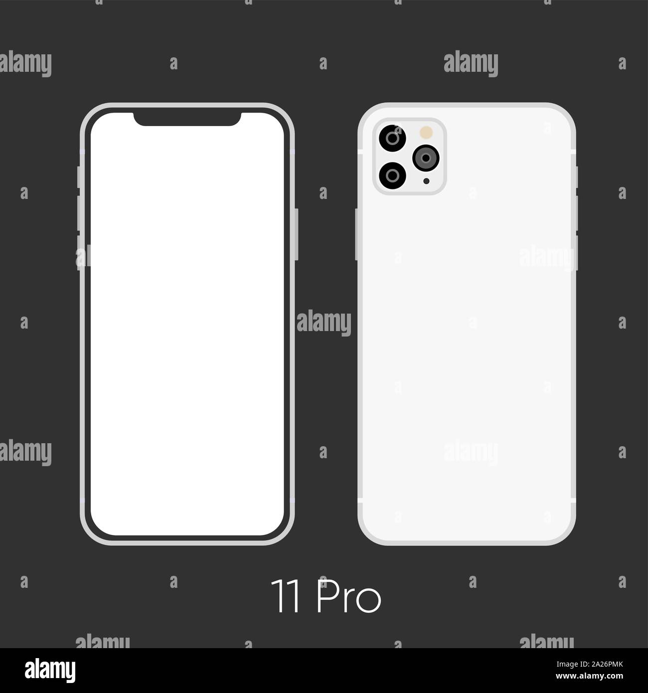 Nuovo 2019 modello di telefono 11 Pro isolato bianco su nero Illustrazione Vettoriale