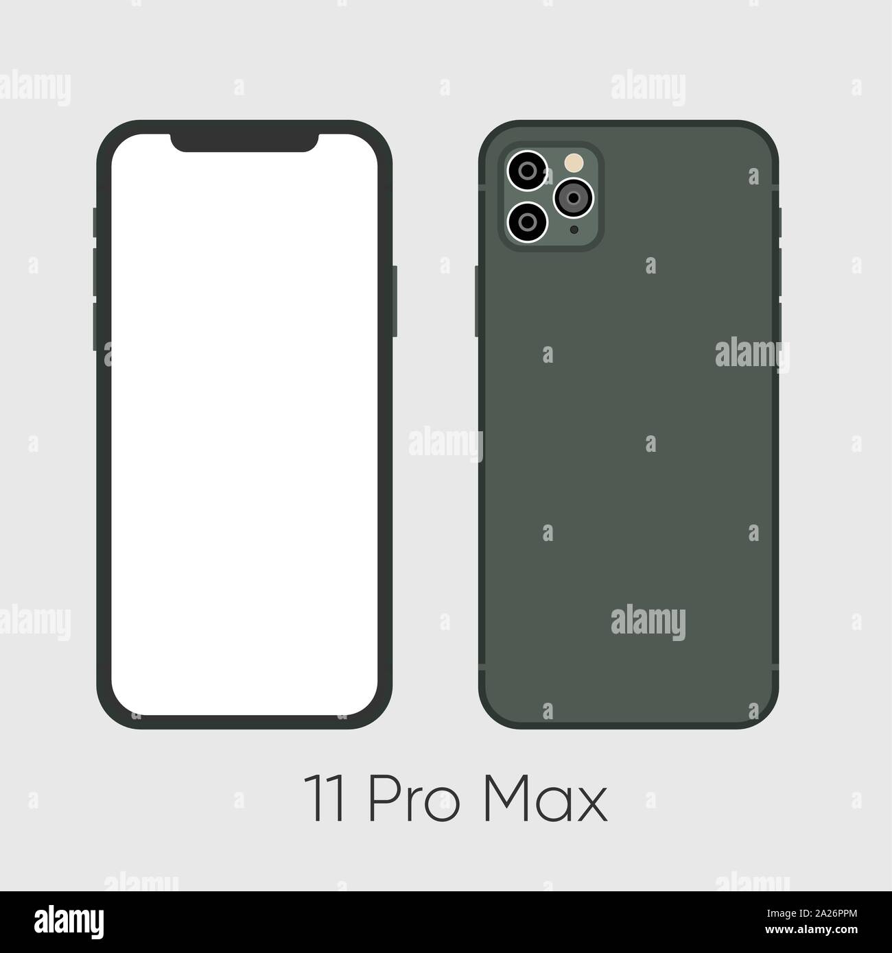 Nuovo smartphone 11 Pro Max verde su entrambi i lati isolati su sfondo nero Illustrazione Vettoriale