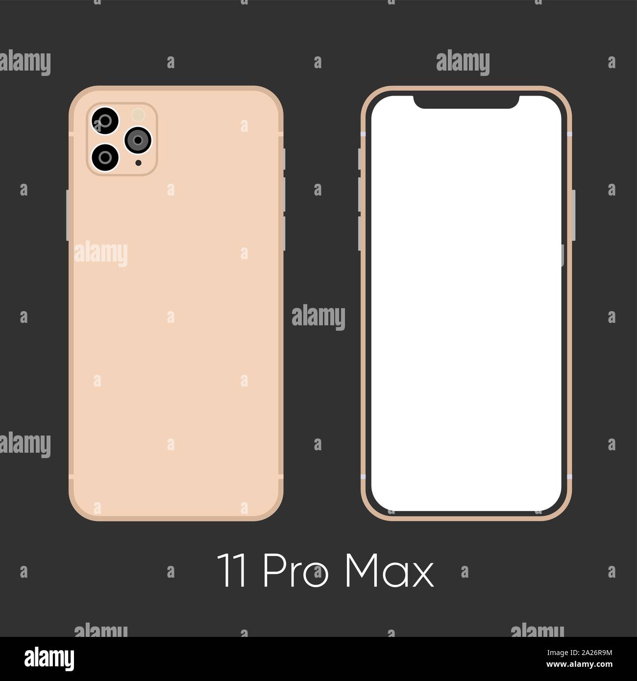 Nuovo smartphone 11 Pro Max Oro entrambi i lati isolati su sfondo nero Illustrazione Vettoriale