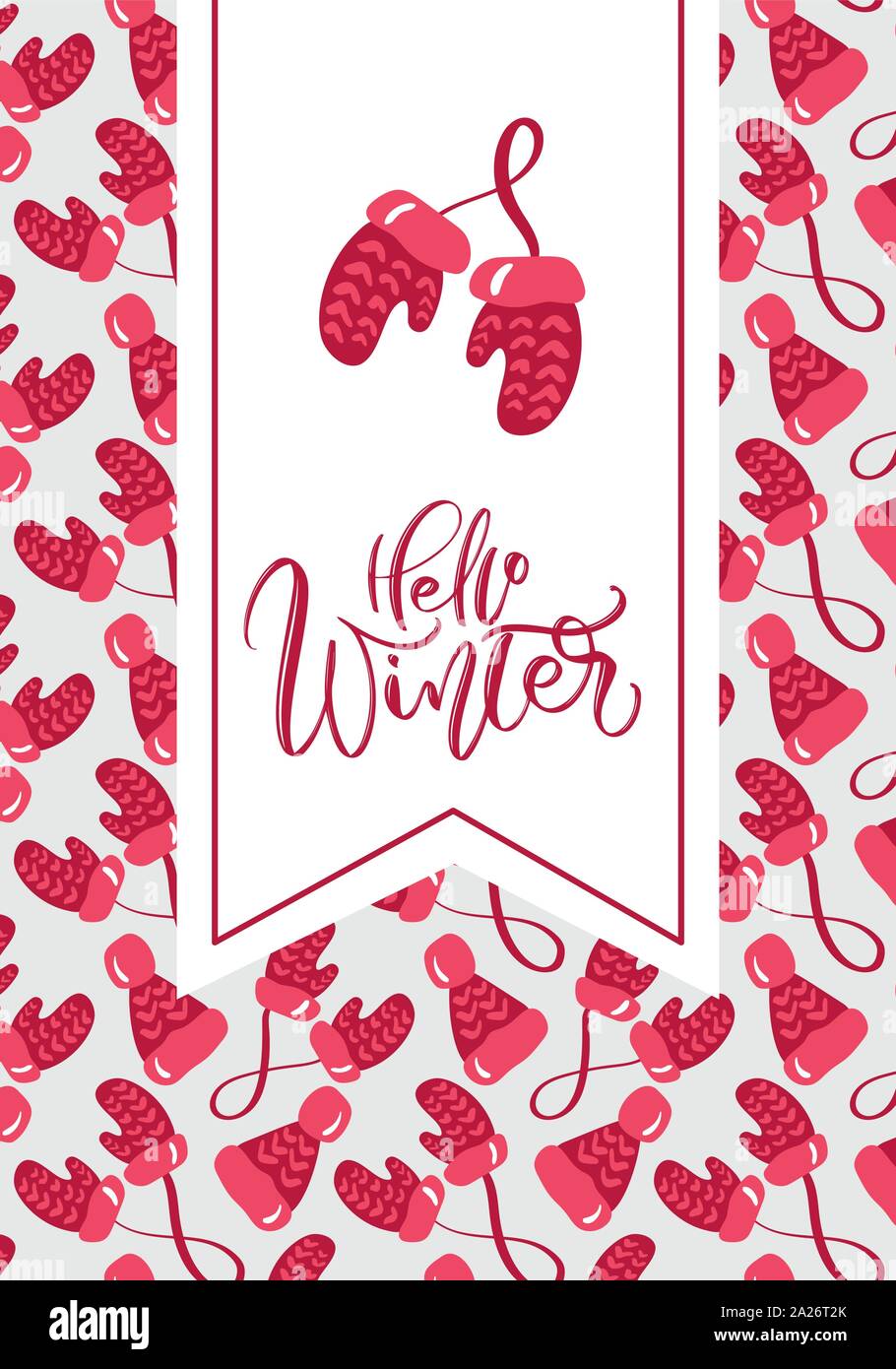 Ciao inverno lettering calligrafico scritto a mano il testo. Chritsmas greeting card design con xmas red muffole. Moderno stagione invernale cartolina, brochure Illustrazione Vettoriale