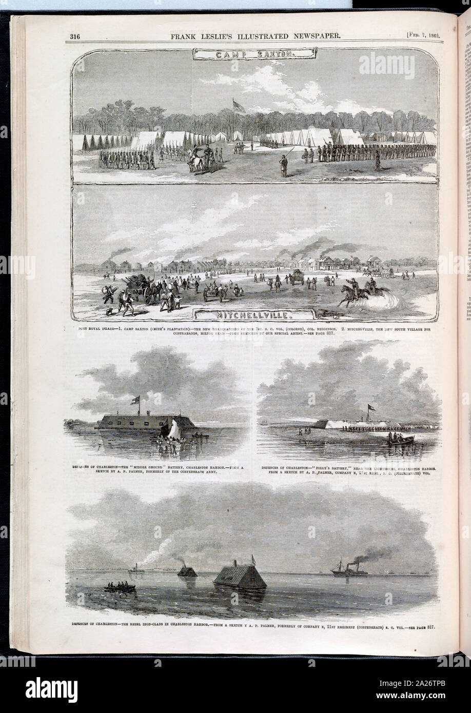 Port Royal Island - 1. Camp Saxton (Smith) plantation - la nuova sede del primo S.C. Vol. (Colorato), Col. Higginson. 2. Mitchelville, il nuovo villaggio del sud per contrabands, Hilton Head / da schizzi dal nostro artista in particolare. Difese di Charleston - la terra di mezzo batteria, porto di Charleston / da uno schizzo di A.P. Palmer, precedentemente dell'esercito confederato. Difese di Charleston - follia di batteria, vicino al faro, porto di Charleston / da uno schizzo di A.P. Palmer, Co. E, XXI Regt., S.C. (Confederate) Vol. Difese di Charleston - i ribelli del ferro riveste nel porto di Charleston - a partire da Foto Stock
