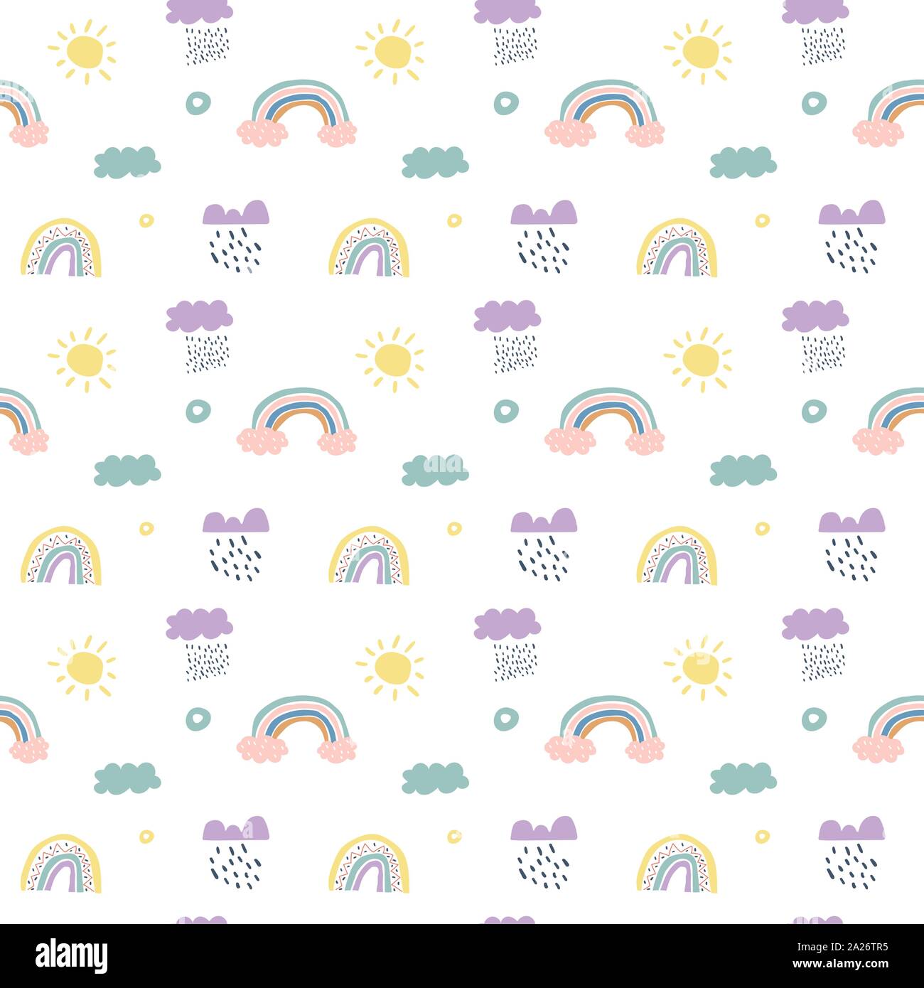 Bambini vettore scandinavo pattern seamless nuvole, pioggia, sole e rainbow Illustrazione Vettoriale