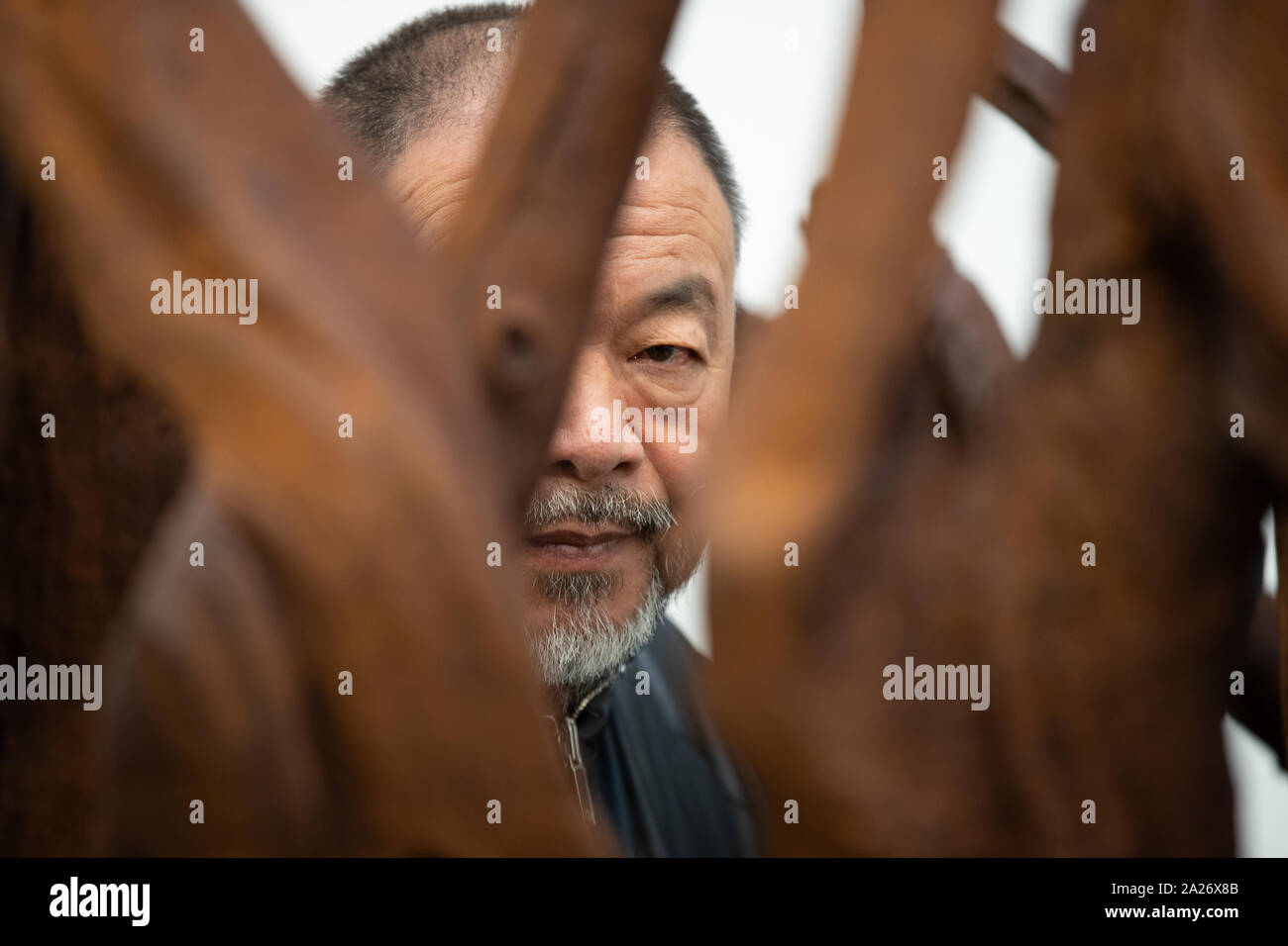 Artista cinese Ai Weiwei stand in dietro 'Martin 2019' come Weiwei apre la sua nuova mostra Ai Weiwei: radici alla Lisson Gallery di Londra. Foto Stock