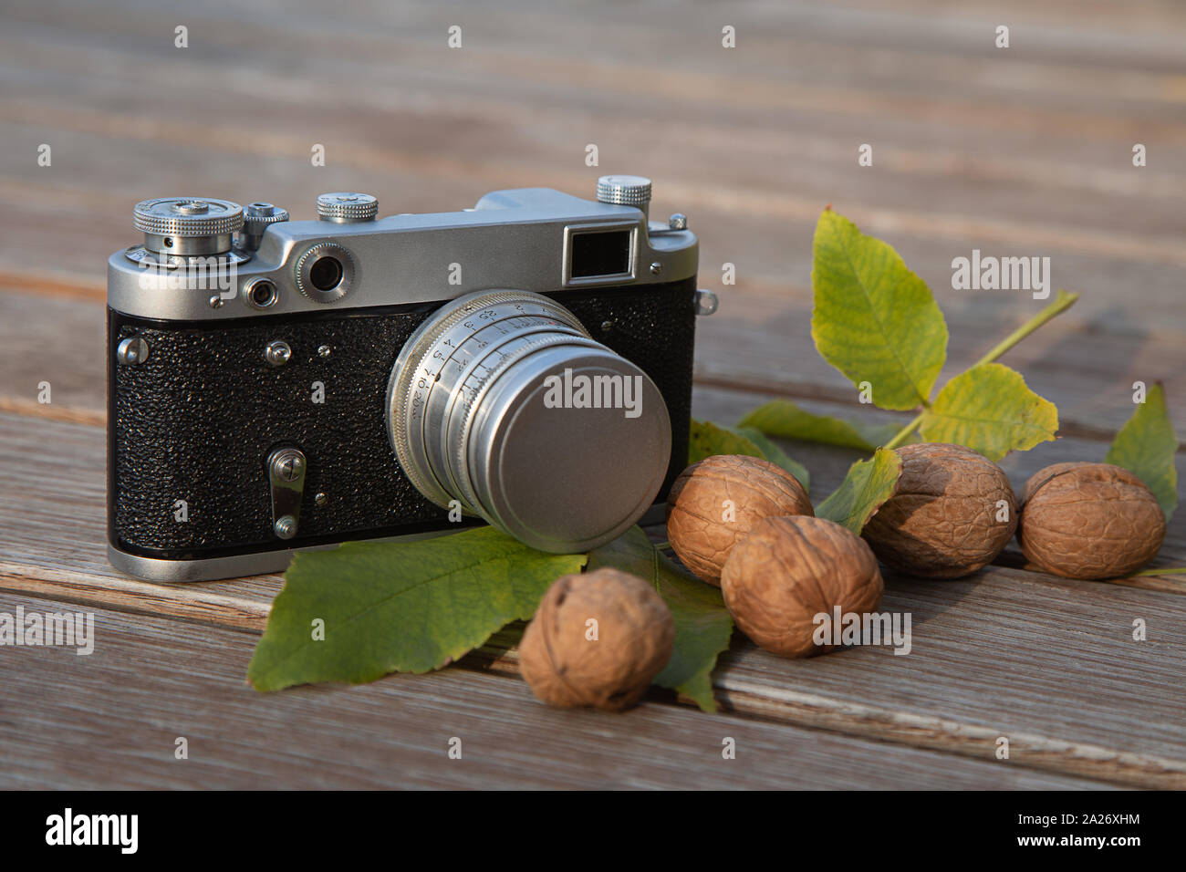 Ancora vita autunno umore foto con telemetro vintage fotocamera, le foglie e i dadi su sfondo di legno Foto Stock