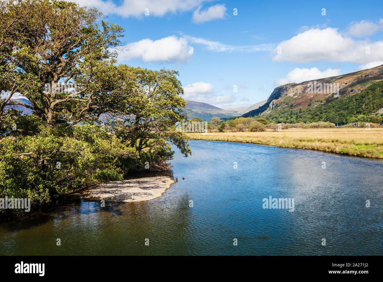 Il fiume Derwent vicino a Grange nel distretto del lago, Cumbria, England, Regno Unito Foto Stock